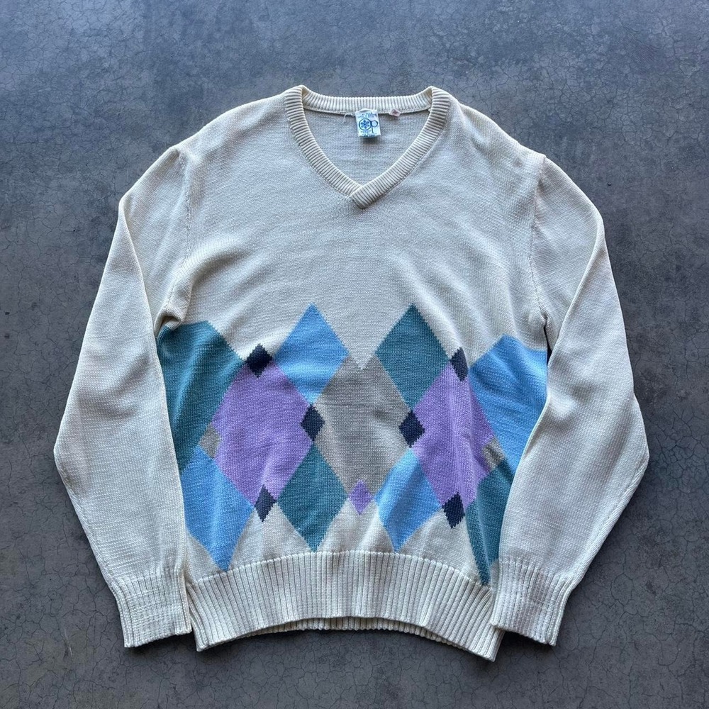 Vintage ocean pacific cream knit sweater with diamond pattern XL